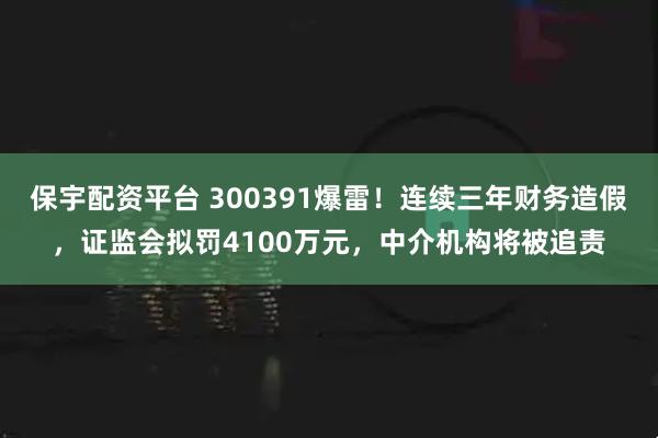 保宇配资平台 300391爆雷！连续三年财务造假，证监会拟罚4100万元，中介机构将被追责